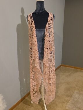 Altar'd State Blush Pink Crochet Lace Duster Women's Large Boho Floral